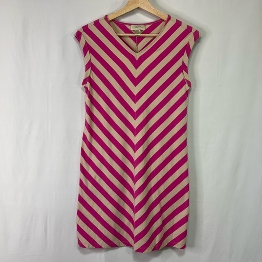 🥒 Loft stretch cotton hot pink and cream striped V-neck sleeveless knit dress
